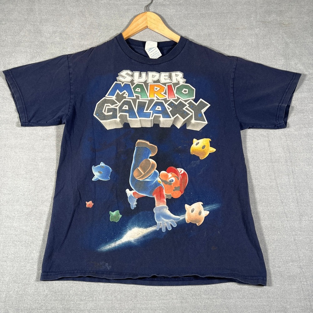 Delta Super Mario Galaxy Graphic Short Sleeve T-Shirt Mens M Navy Blue Cotton